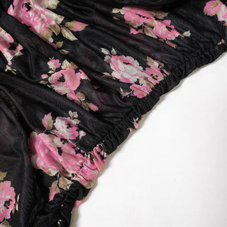 Long flared sleeve cowl neck ruffle flower print sheer mesh mini dress