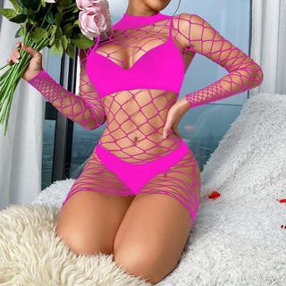 Long sleeve high neck fishnet hollow out lingerie set