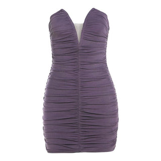 V neck ruched solid mesh tube mini dress