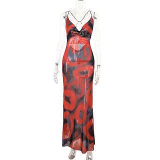 Cowl neck sheer mesh print spaghetti strap maxi dress