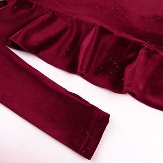 Irregular flower applique velvet v neck ruffle midi dress