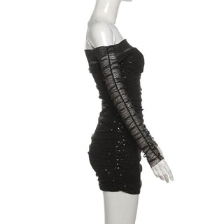 Off shoulder glitter long sleeve mesh ruched mini dress
