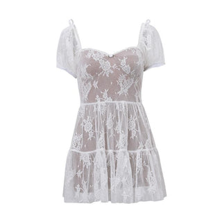 Short puff sleeve bowknot lace ruffle mini dress