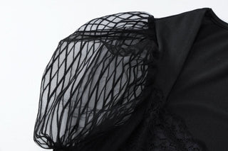 Long sleeve lace hem u neck solid mini dress