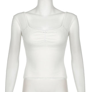 Cap sleeve ribbed bowknot textured lace hem top