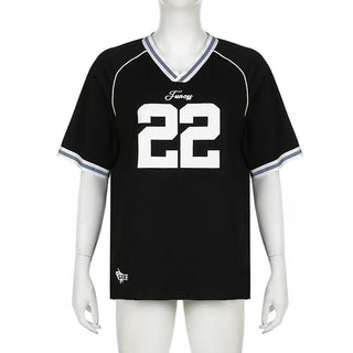 Short sleeve stitch â€œ22â€ print v neck top