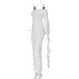 Ruffle solid one shoulder irregular backless maxi dress