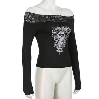 Off shoulder long sleeve lace hem abstract top