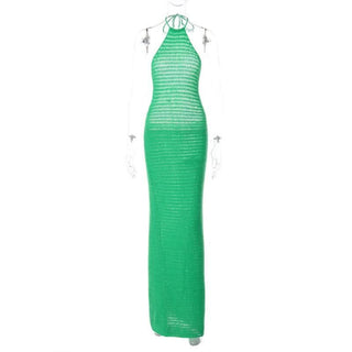 Crochet solid halter backless self tie maxi dress-final-sale