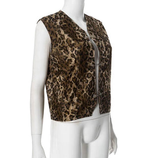 Leopard print v neck hollow out sleeveless vest cut out top