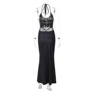 Halter self tie u neck body print o ring maxi dress