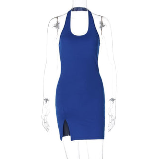Halter u neck slit solid backless mini dress