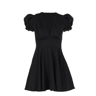 Short puff sleeve ruffle v neck self tie mini dress