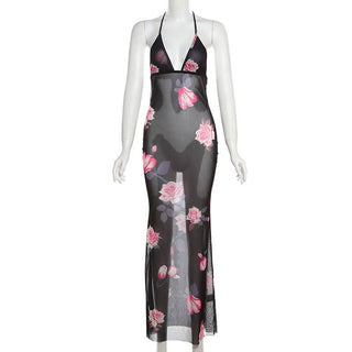 Halter v neck flower print see through maxi dress