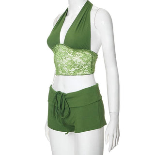 Halter lace hem drawstring ribbed crop pant set