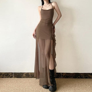 Halter mesh slit flower applique maxi dress