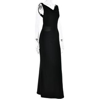 Cowl neck solid backless ruched hollow out cut out maxi dress