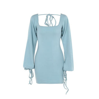 Long sleeve u neck self tie backless mini dress