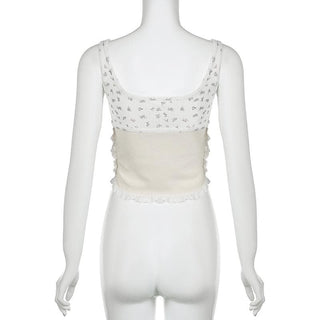 Flower print lace hem contrast sleeveless square neck top