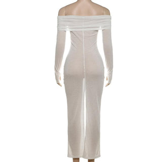 Off shoulder long sleeve metal applique midi dress