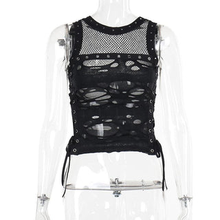Crewneck fishnet buckle hollow out lace up tank cut out top