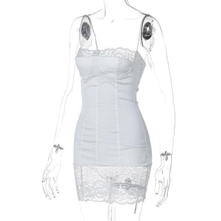 Lace patchwork stitch zip-up backless cami mini dress
