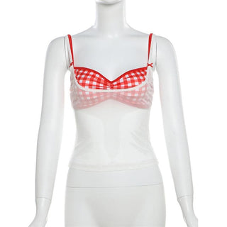 Plaid sweetheart neck ruched mesh 2 piece cami top