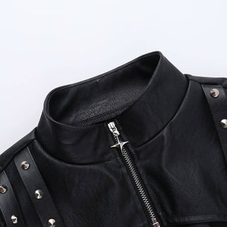 High neck PU leather zip-up hollow out shrug cut out top