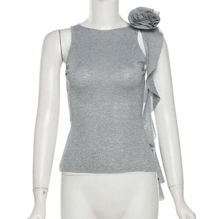 Crewneck flower applique glitter ruffle top