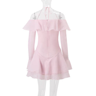 Halter off shoulder long sleeve ruffle metal applique mini dress