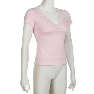 Short sleeve v neck ruched lace hem top