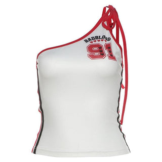 One shoulder irregular self tie â€œ91â€ pattern contrast top