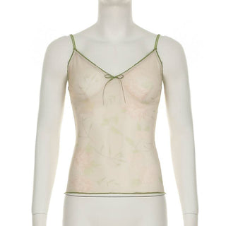 V neck flower print bowknot mesh cami top