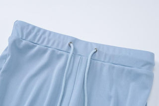 Halter v neck drawstring ruched lace hem pant set