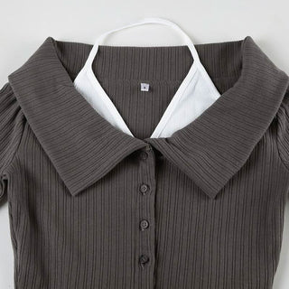 Long sleeve turnover collar halter button 2 piece top