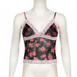 V neck lace hem backless rose print mesh cami top
