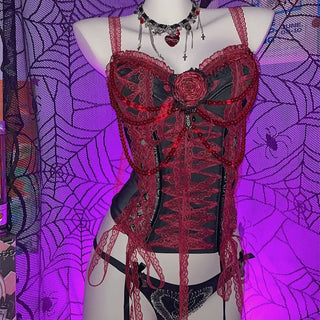 Lace hem beaded flower applique button mesh top