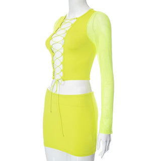 Long sleeve hollow out lace up mesh mini skirt set