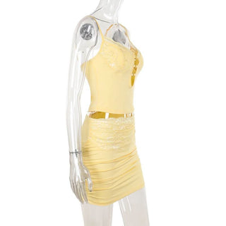 Hollow out v neck lace hem ruched cami mini skirt set