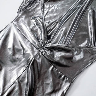 Metallic ruched halter self tie cowl neck jumpsuit