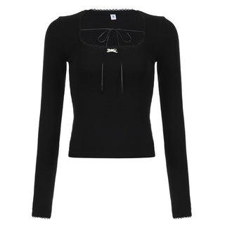 Self tie long sleeve square neck solid top