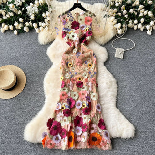 Crewneck short sleeve flower embroidery zip-up maxi dress