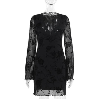 V neck long sleeve flower pattern mesh mini dress