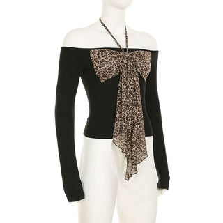 Halter off shoulder bowknot leopard print top