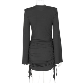 Long flared sleeve crewneck padded drawstring mini dress