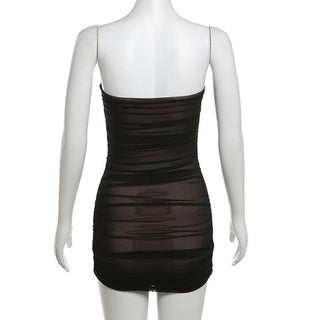 Ruched mesh patchwork solid tube mini dress
