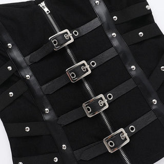 PU leather patchwork buckle zip-up tube top