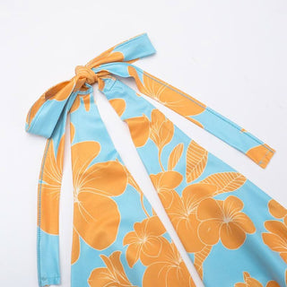 Self tie halter flower print backless contrast top