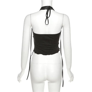 Halter mesh ruffle irregular backless top