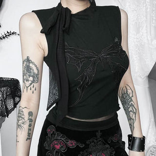 Butterfly embroidery sleeveless mesh knotted top